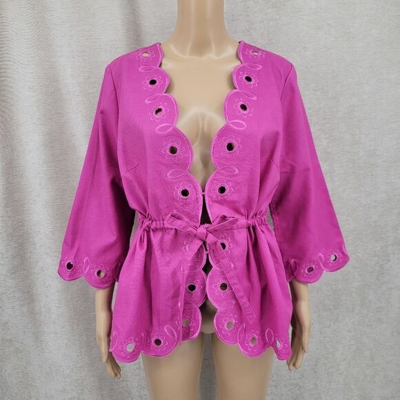 Bob Mackie Y2K Pink Eyelet Kimono Cardigan Cinched Waist Cotton Jacket NEW - Picture 1 of 10